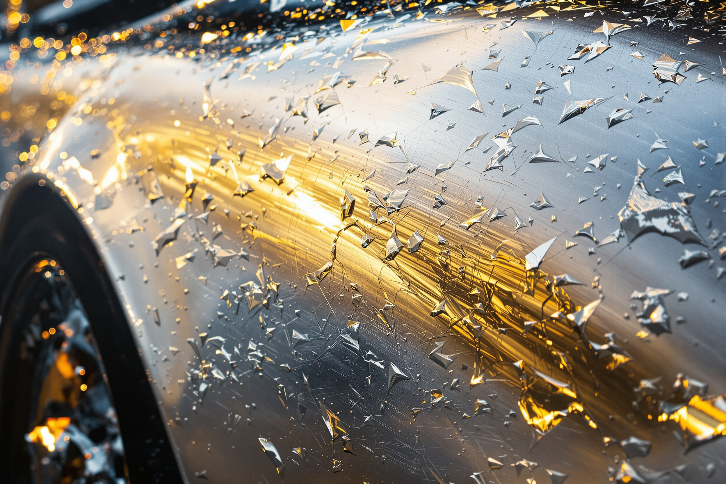 Macro view of a richly textured oil painting of a classic silver sports car with visible brushstrokes