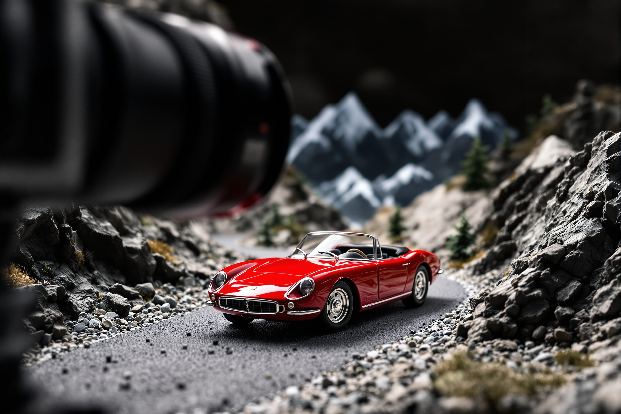 Miniature automotive photography setup with a 1:18 scale red sports car on a tiny diorama road